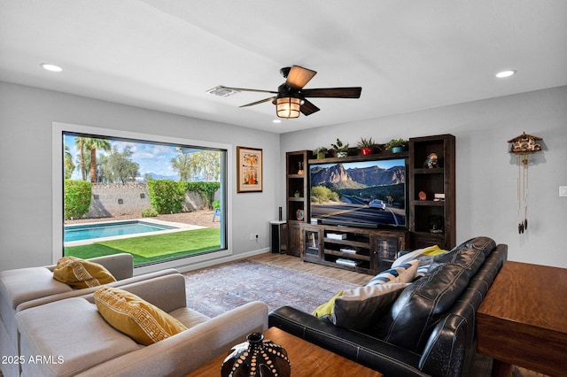 8730 E Montecito Ave, Scottsdale, AZ 85251 - living room with recessed lighting, a ceiling fan, wood finished floors, and baseboards