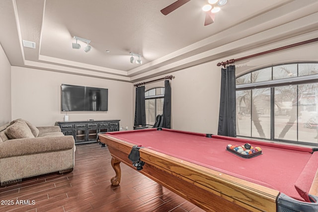 23644 N 67th Ave, Peoria, AZ 85383 - recreation room featuring a raised ceiling, ceiling fan, wood finished floors, and pool table