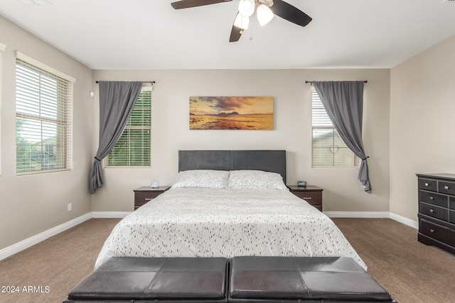 carpeted bedroom with multiple windows and ceiling fan