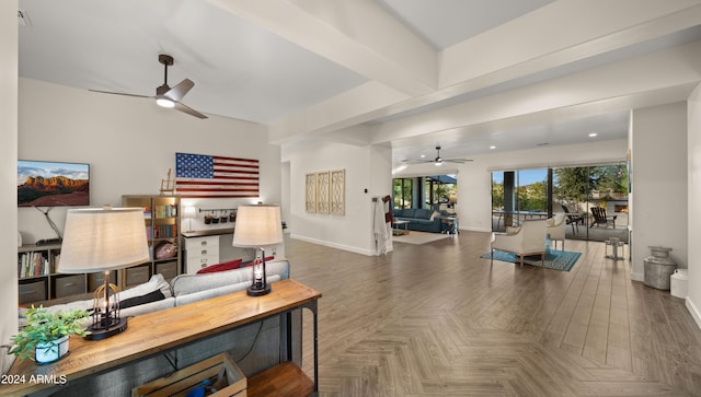 living room with ceiling fan and dark parquet flooring