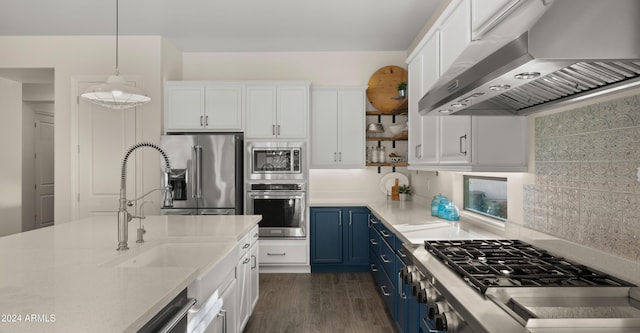 kitchen featuring white cabinets, appliances with stainless steel finishes, blue cabinets, and extractor fan