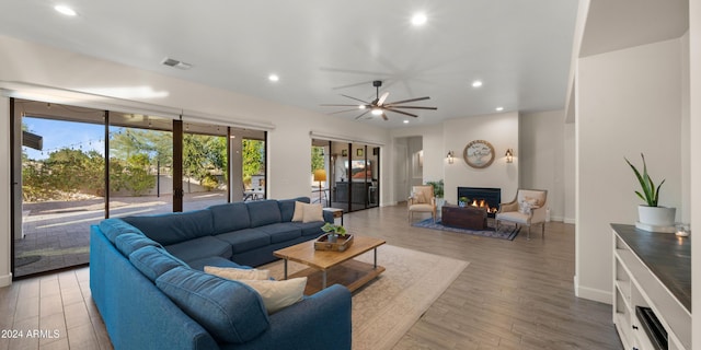 living room with ceiling fan and wood-type flooring