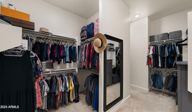 walk in closet with light carpet