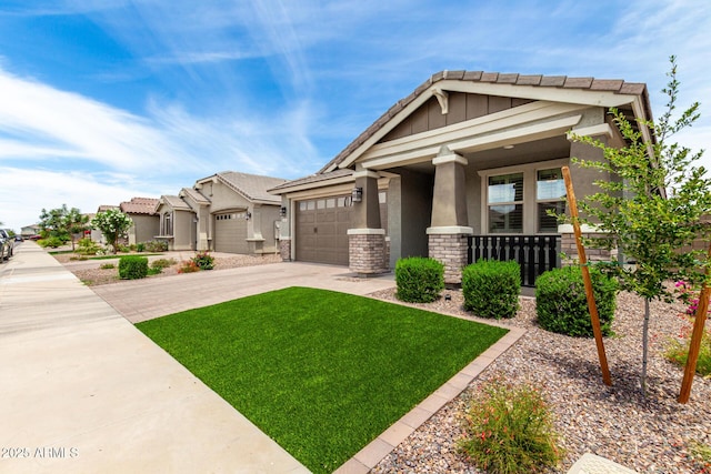 3474 W Dreamy Draw Dr, Queen Creek, AZ 85144 - craftsman inspired home with concrete driveway, stucco siding, a porch, a garage, and a front yard