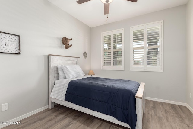 3474 W Dreamy Draw Dr, Queen Creek, AZ 85144 - bedroom with wood finished floors, baseboards, and a ceiling fan