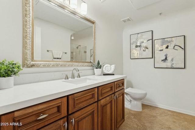 bathroom with visible vents, a shower, vanity, tile patterned floors, and toilet