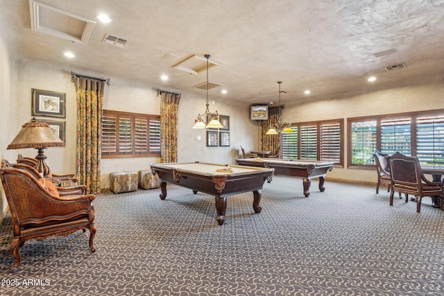 recreation room featuring carpet floors, visible vents, and pool table