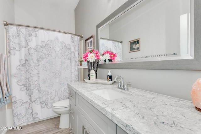 bathroom with shower / tub combo with curtain, vanity, toilet, and wood finished floors