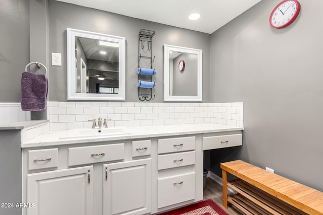 bathroom featuring vanity, tasteful backsplash, and wood-type flooring