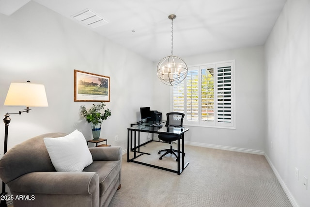 office featuring an inviting chandelier and light colored carpet