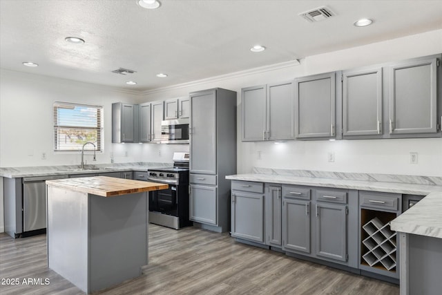 kitchen with a sink, wooden counters, gray cabinetry, and stainless steel appliances