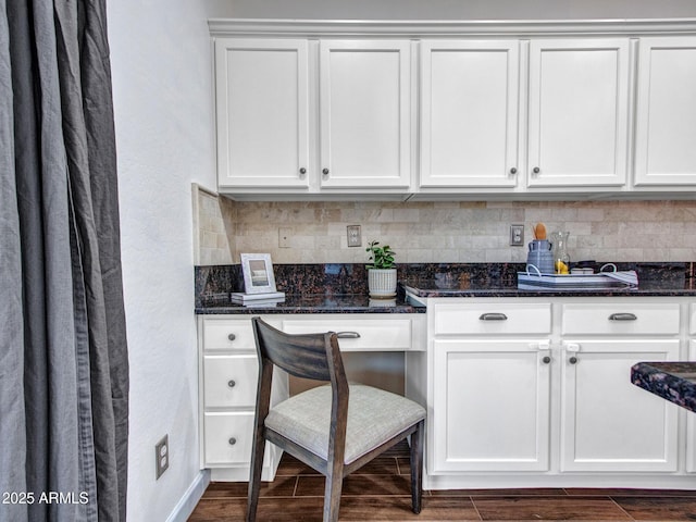16322 N 171st Dr, Surprise, AZ 85388 - kitchen with backsplash, white cabinets, dark stone counters, dark wood-style floors, and a textured wall