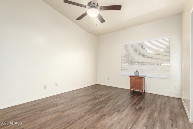 unfurnished room featuring ceiling fan, wood finished floors, and baseboards