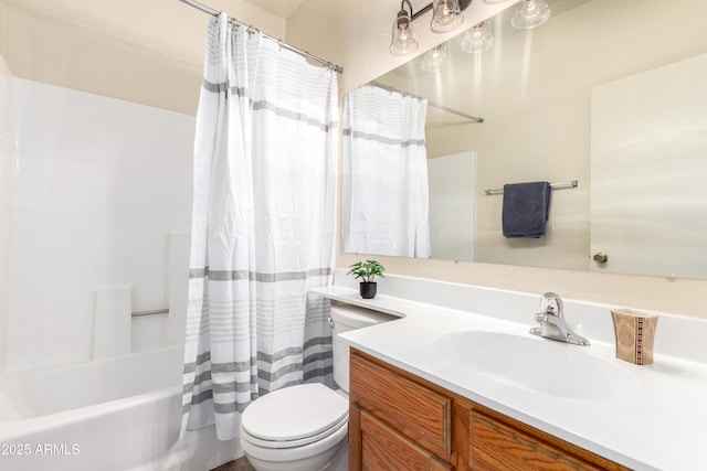 full bath with toilet, shower / bath combination with curtain, and vanity