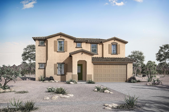 23055 E Watford Dr, Queen Creek, AZ 85142 - mediterranean / spanish home with a garage, a tiled roof, stucco siding, and decorative driveway