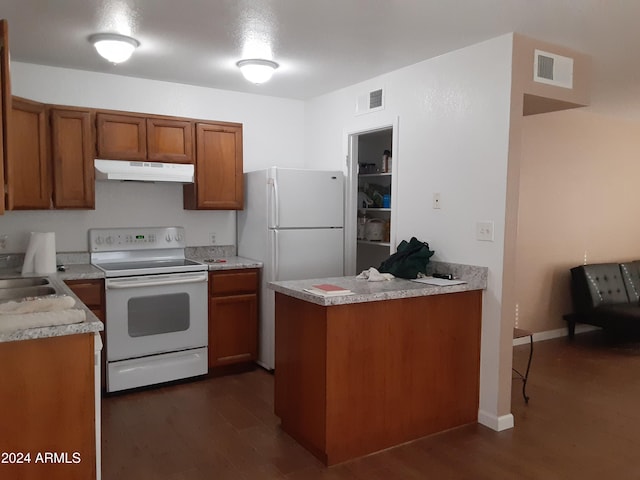 kitchen with sink, white appliances, dark wood-type flooring, and kitchen peninsula