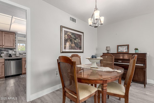 dining space featuring a chandelier, light wood finished floors, and baseboards
