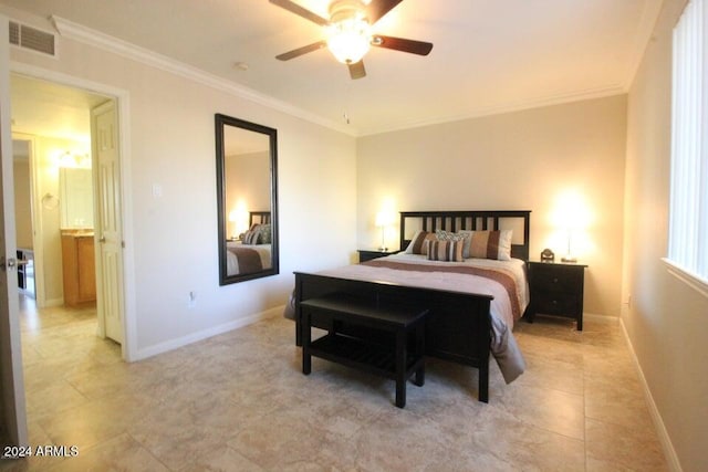 bedroom featuring ceiling fan and crown molding