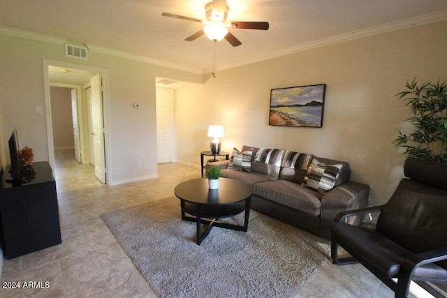 living room featuring ceiling fan and ornamental molding