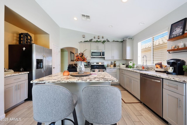 11207 W Turney Ave, Phoenix, AZ 85037 - kitchen featuring appliances with stainless steel finishes, a sink, gray cabinets, vaulted ceiling, and a kitchen island