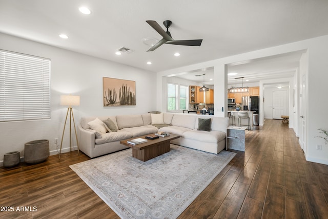 1812 E Parkside Ln E, Phoenix, AZ 85024 - living area with a ceiling fan, dark wood-type flooring, and recessed lighting