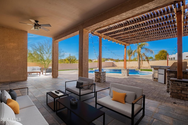 view of patio / terrace with an outdoor hangout area, a fenced backyard, a fenced in pool, and a pergola