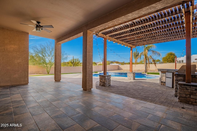 view of patio featuring a fenced in pool, a fenced backyard, a ceiling fan, and a pergola