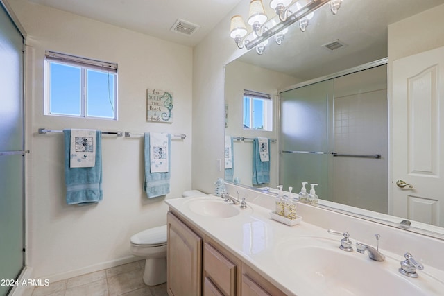 bathroom with tile patterned floors, a wealth of natural light, a shower with door, and toilet