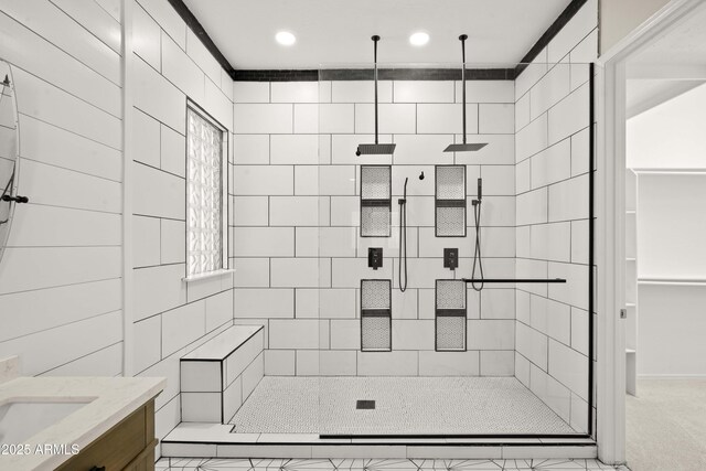 full bathroom with a shower stall, recessed lighting, and vanity