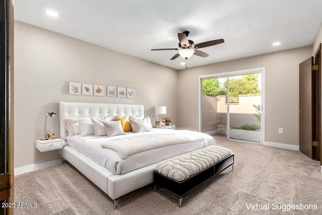 bedroom with ceiling fan, access to exterior, and carpet floors