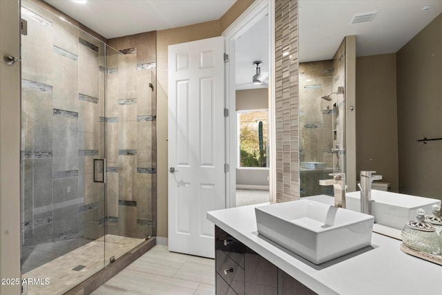 full bath with visible vents, a shower stall, and vanity