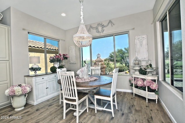 dining area with an inviting chandelier and dark hardwood / wood-style flooring