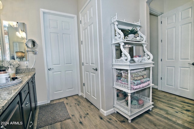 bathroom featuring vanity and wood-type flooring