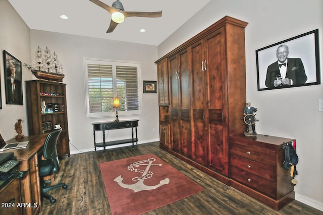 office space with ceiling fan and dark hardwood / wood-style floors