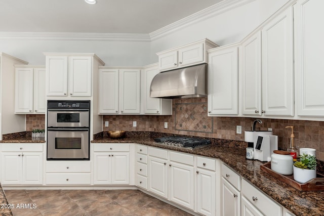 13034 W Krall Ct, Glendale, AZ 85307 - kitchen featuring under cabinet range hood, appliances with stainless steel finishes, ornamental molding, decorative backsplash, and dark stone counters