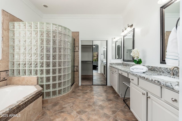 13034 W Krall Ct, Glendale, AZ 85307 - bathroom with ornamental molding, double vanity, a garden tub, and a tile shower