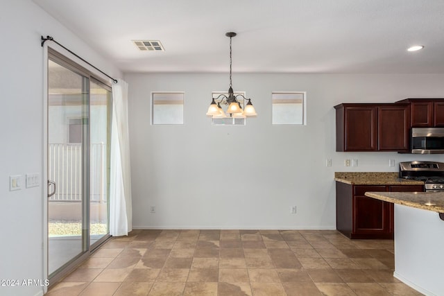 4548 E Carob Dr, Gilbert, AZ 85298 - kitchen featuring stainless steel appliances, a chandelier, plenty of natural light, light stone counters, and recessed lighting