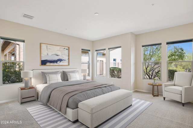 bedroom featuring multiple windows and light carpet