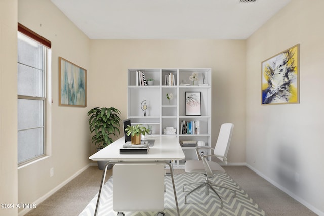 carpeted home office with a healthy amount of sunlight