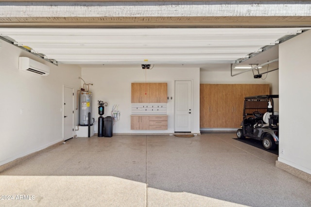 garage with electric water heater, an AC wall unit, and a garage door opener