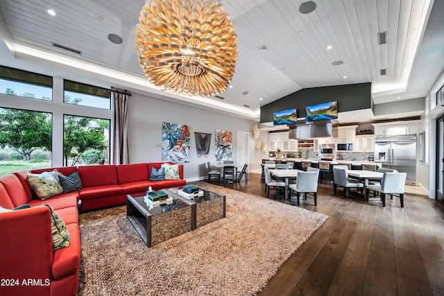 living room featuring wooden ceiling, dark hardwood / wood-style flooring, an inviting chandelier, and lofted ceiling