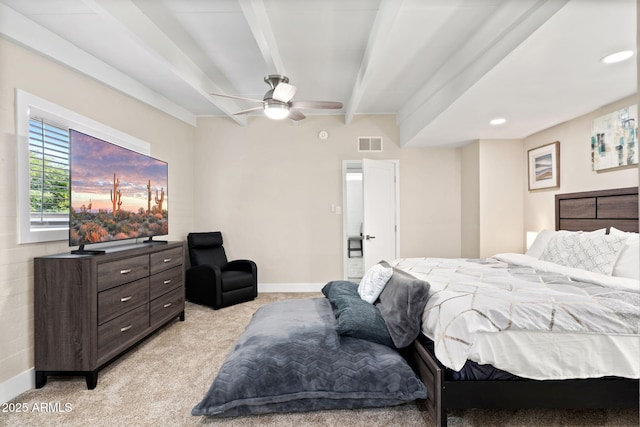 5833 N 10th St, Phoenix, AZ 85014 - bedroom featuring light colored carpet, beamed ceiling, ceiling fan, and recessed lighting