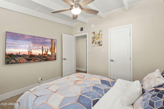 5833 N 10th St, Phoenix, AZ 85014 - bedroom featuring beamed ceiling, carpet, and a ceiling fan