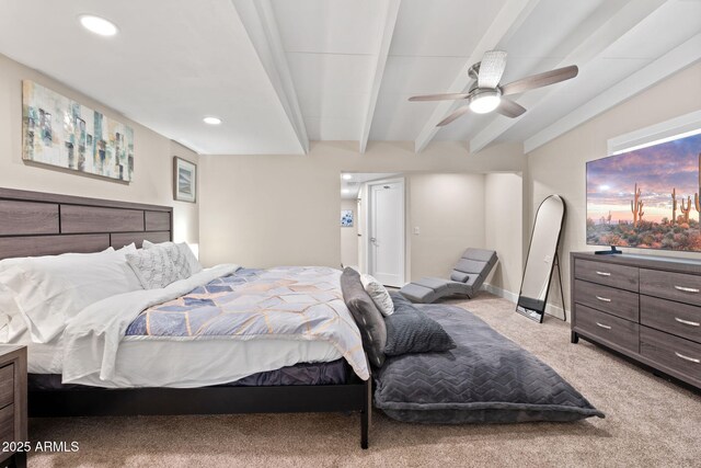 5833 N 10th St, Phoenix, AZ 85014 - bedroom with light colored carpet, beamed ceiling, recessed lighting, and ceiling fan