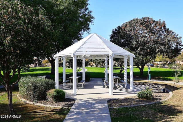 view of community featuring a gazebo and a yard