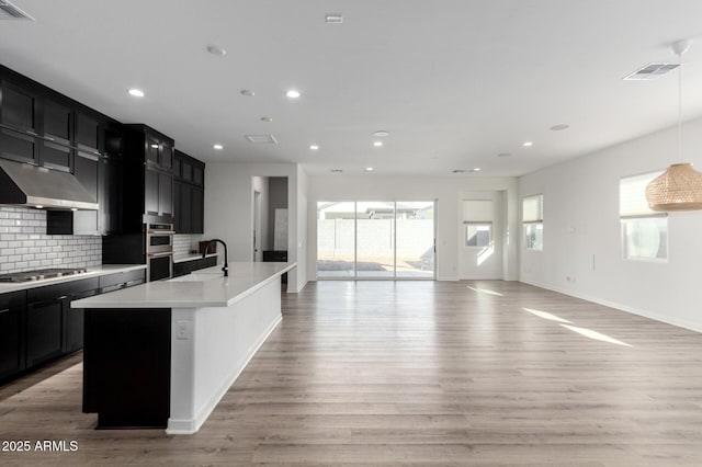 kitchen with sink, light hardwood / wood-style flooring, appliances with stainless steel finishes, a kitchen island with sink, and backsplash