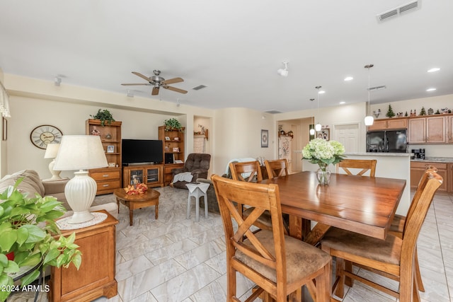 dining area featuring marble finish floor, a ceiling fan, visible vents, and recessed lighting