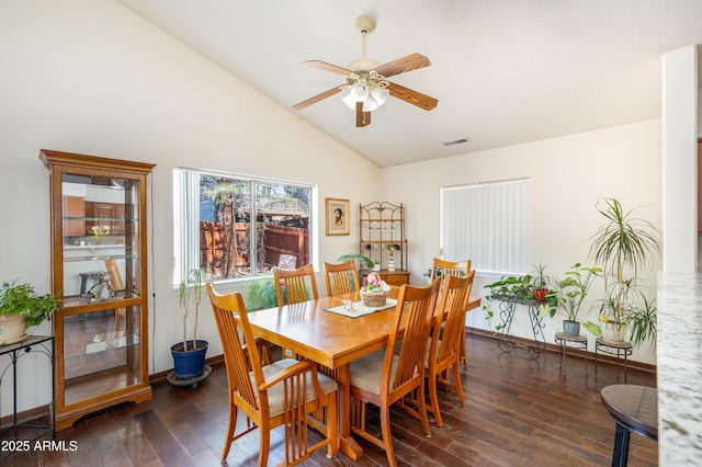 630 W Cattle Drive Trl, Flagstaff, AZ 86005 - dining area featuring baseboards, vaulted ceiling, visible vents, ceiling fan, and hardwood / wood-style flooring