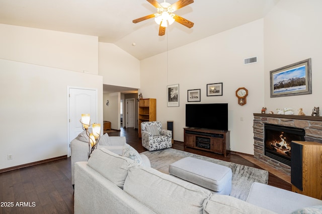 630 W Cattle Drive Trl, Flagstaff, AZ 86005 - living area featuring high vaulted ceiling, ceiling fan, a fireplace, visible vents, and hardwood / wood-style flooring