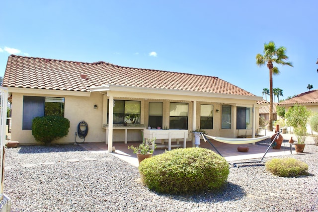 rear view of property featuring a patio area, a tile roof, and stucco siding